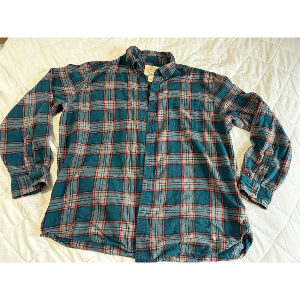 St Johns Bay Mens XL Super Soft Flannel Shirt Teal Grey Red Plaid Button Down